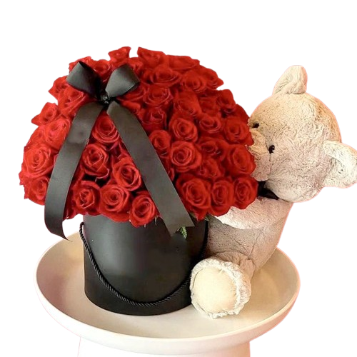 Caja Premium de 72 Rosas Rojas con Moño Negro y Osito