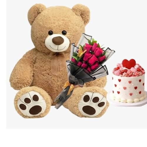 Peluche 50 cm + Docena de Rosas + Cake con Corazones