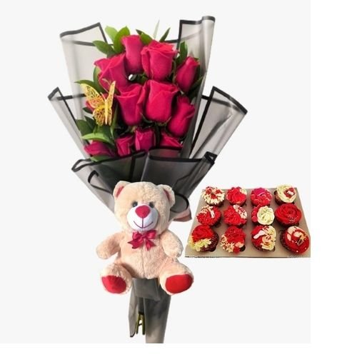 Docena de Rosas + Peluche 15 cm + Cupcakes x12