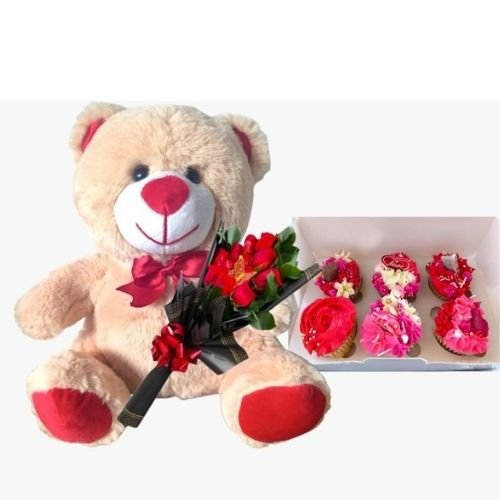 Combo Dulce Abrazo: Peluche 25 cm + 12 Rosas + 6 Cupcakes